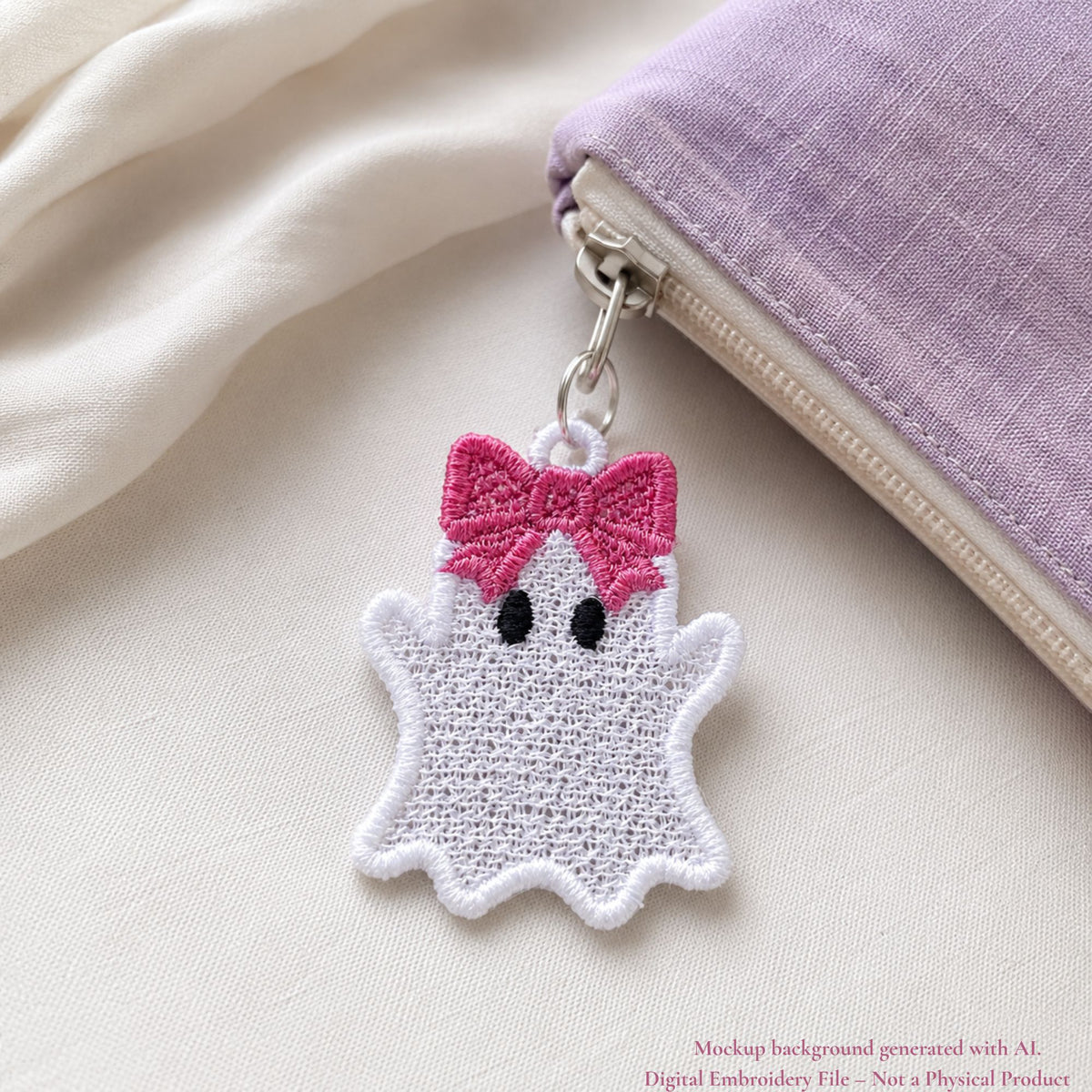 White Ghost Girl FSL zipper charm with a pink bow attached to a lavender fabric pouch