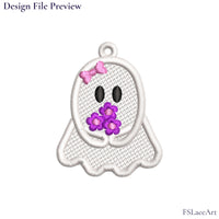 Machine embroidery file preview of a white ghost girl holding three purple flowers and wearing a pink bow