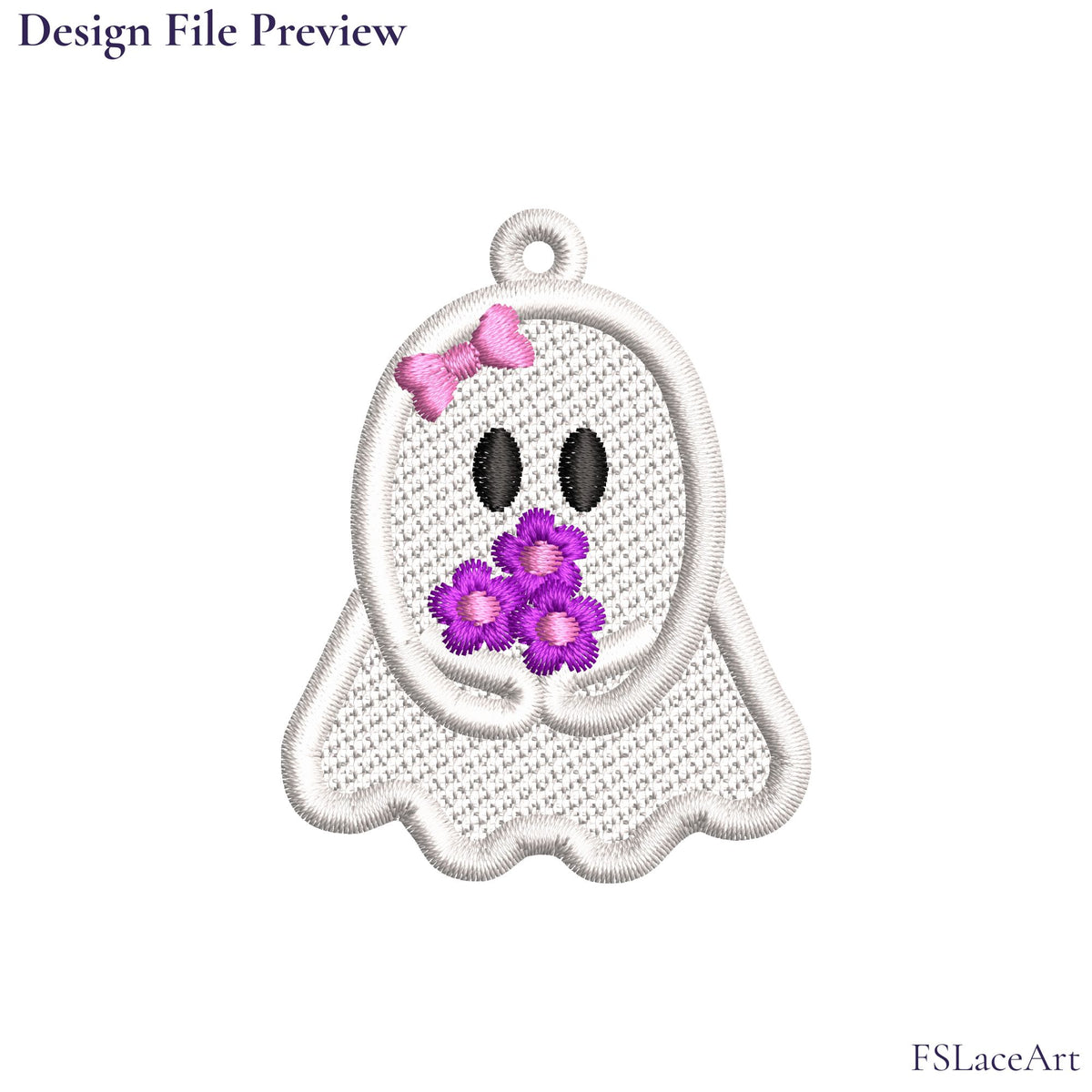 Machine embroidery file preview of a white ghost girl holding three purple flowers and wearing a pink bow