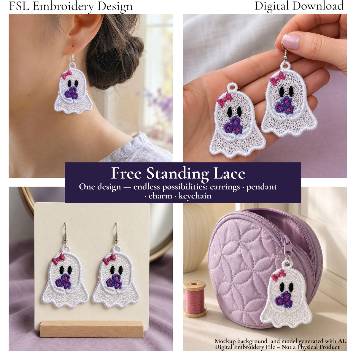 Ghost Girl with Flowers FSL design shown as an earring pair, worn earring and charm attached to a purple pouch