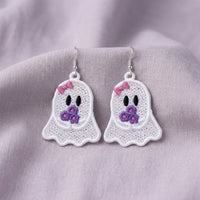 Pair of white Ghost Girl FSL earrings with pink bows and purple flower bouquets displayed on lilac fabric
