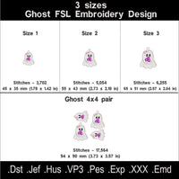 Ghost Girl with Flowers FSL embroidery size chart with three individual sizes and a grouped 4 by 4 hoop file
