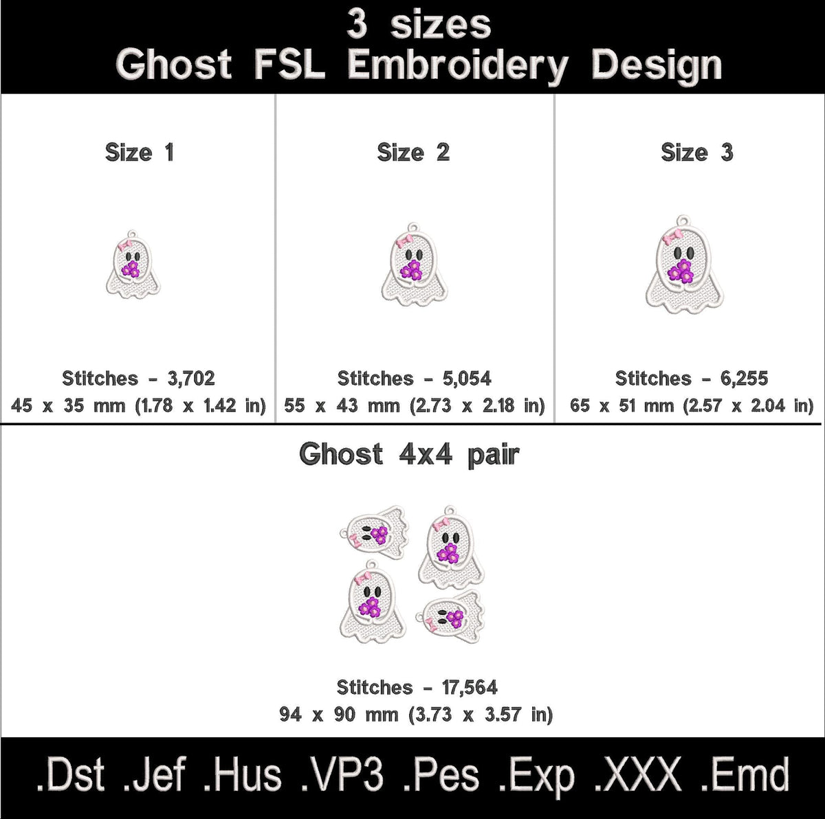 Ghost Girl with Flowers FSL embroidery size chart with three individual sizes and a grouped 4 by 4 hoop file