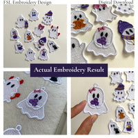 Collage showing actual Ghost Girl with Flowers FSL stitch-outs, close-up details and the finished design held in hand