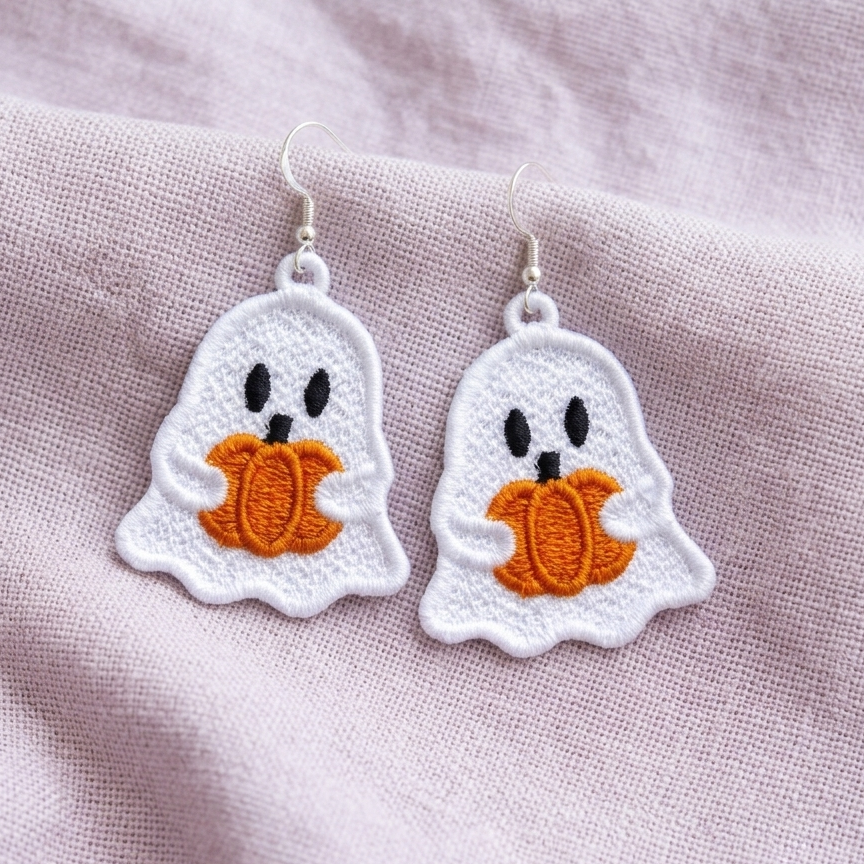 Pair of white ghost FSL earrings holding orange pumpkins with silver hooks on soft lavender fabric