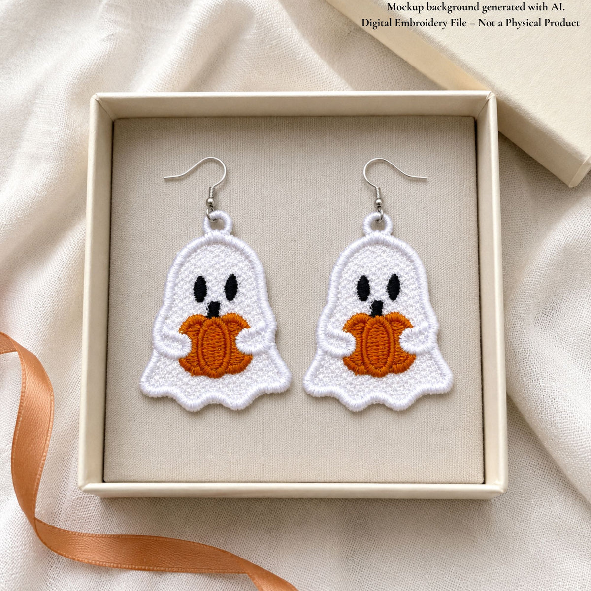 Pair of white ghost FSL earrings holding orange pumpkins and displayed with silver hooks in a neutral jewelry box