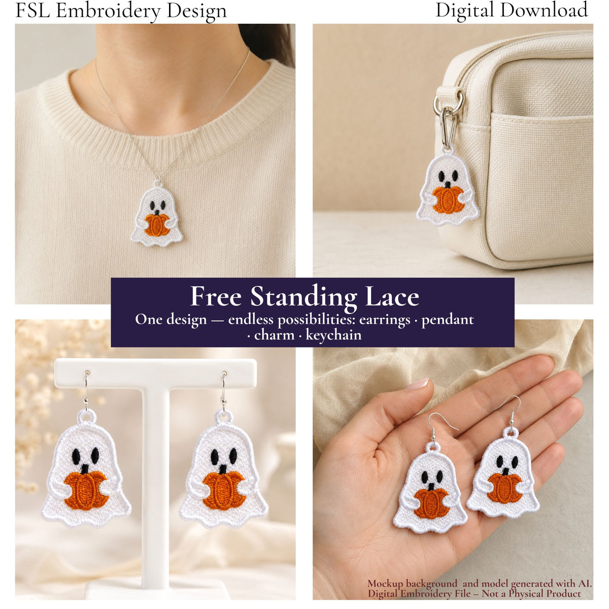 Ghost Holding Pumpkin FSL design shown as a necklace pendant, bag charm and pair of Halloween earrings