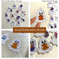 Collage showing actual Ghost Holding Pumpkin FSL embroidery results and coordinating ghost designs