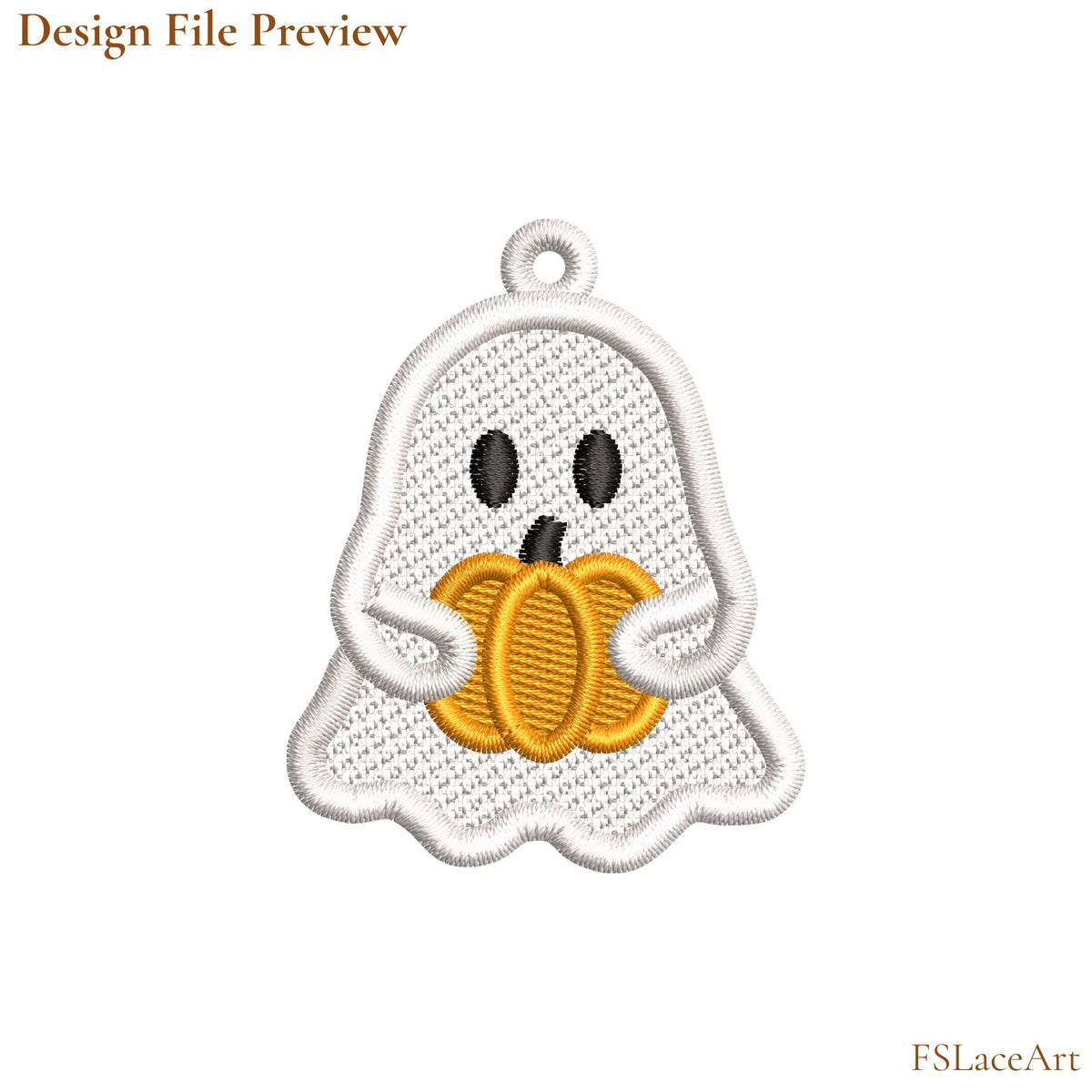 Machine embroidery file preview of a white FSL ghost holding an orange pumpkin with black oval eyes and a hanging loop