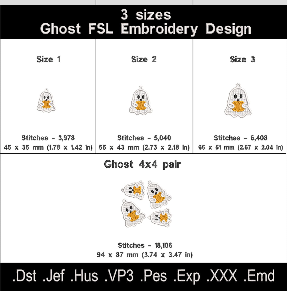 Ghost Holding Pumpkin FSL size chart showing three sizes, stitch counts, a 4 by 4 hoop pair and embroidery file formats