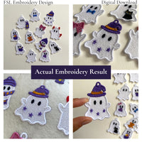 Collage of actual Ghost with Witch Hat FSL embroidery results alongside other cute Halloween ghost designs