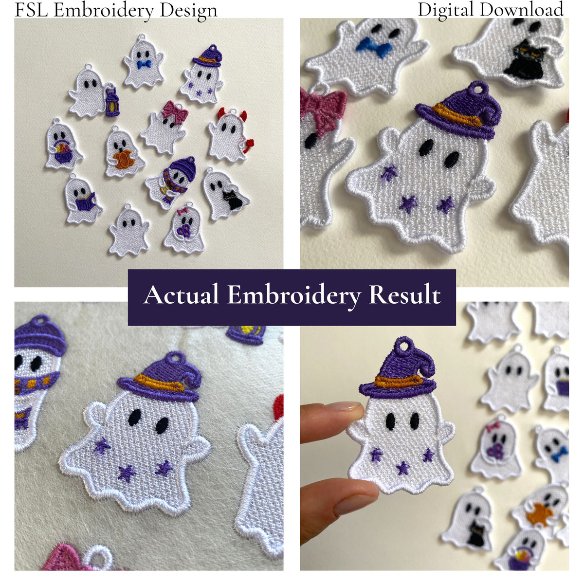 Collage of actual Ghost with Witch Hat FSL embroidery results alongside other cute Halloween ghost designs