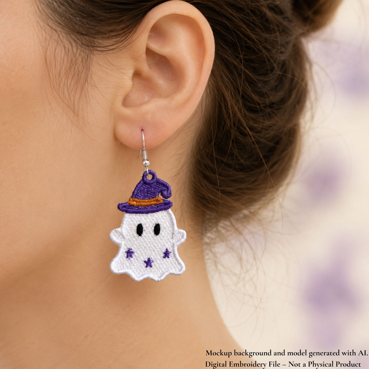 Ghost with purple witch hat FSL earring on a silver hook shown worn on an ear