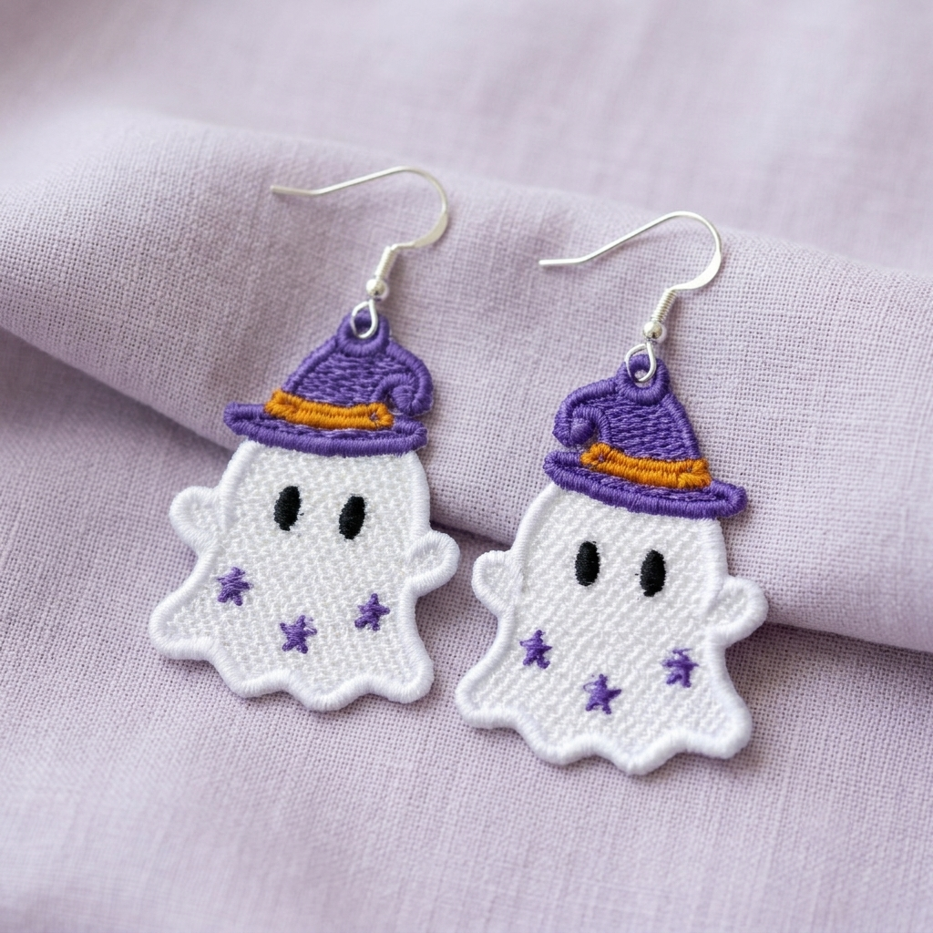 Pair of white ghost FSL earrings wearing purple witch hats with orange bands and purple star accents on lavender fabric