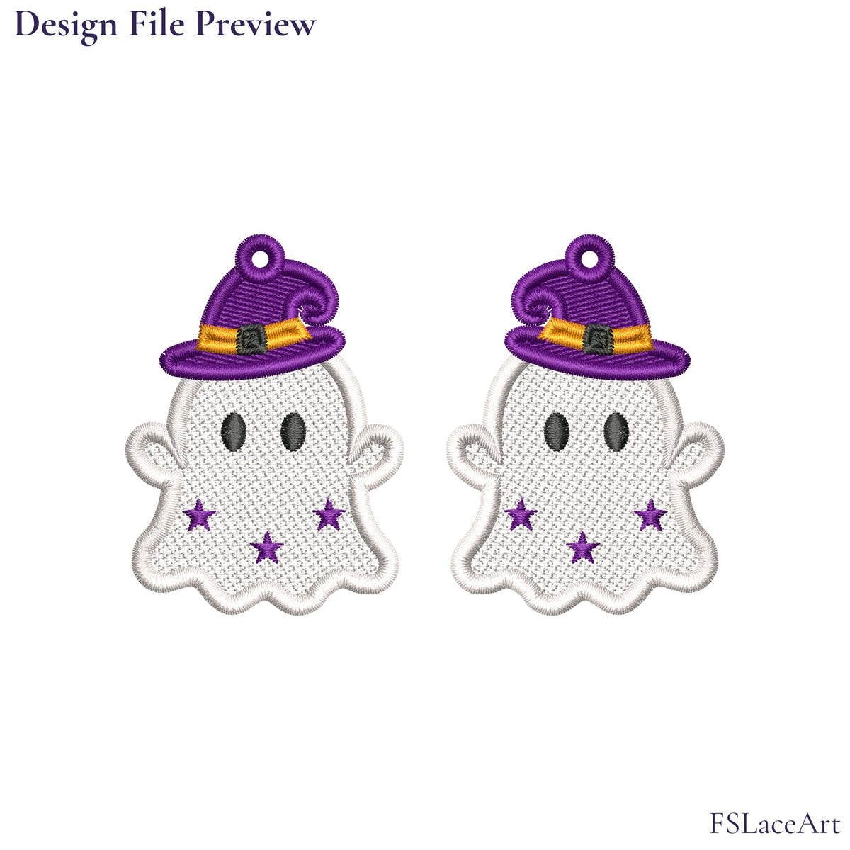 Machine embroidery file preview showing two mirrored Ghost with Witch Hat FSL designs