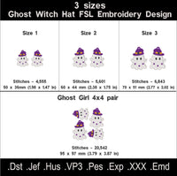 Ghost with Witch Hat FSL embroidery size chart with three sizes, stitch counts and a 4 by 4 hoop pair file