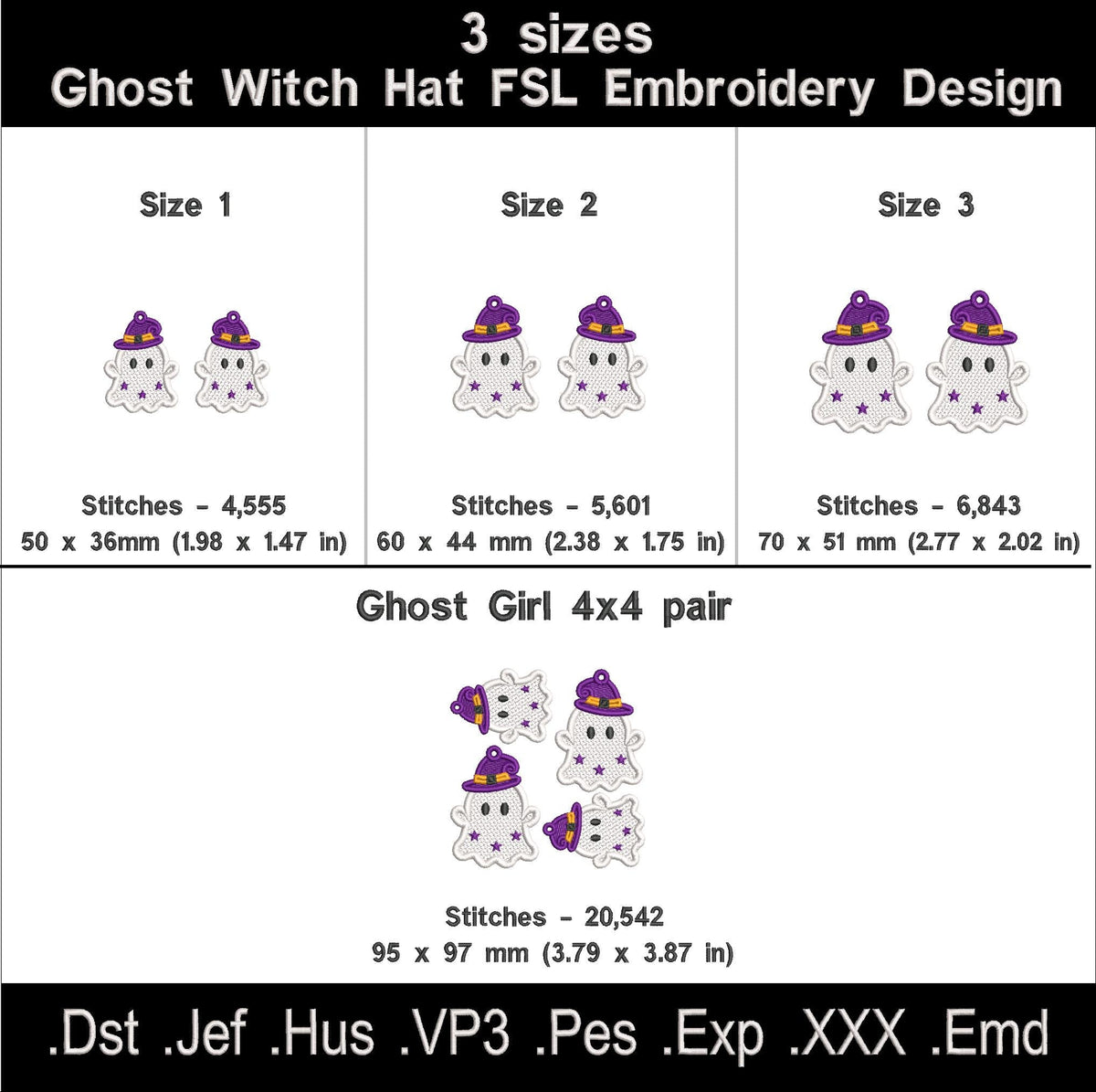 Ghost with Witch Hat FSL embroidery size chart with three sizes, stitch counts and a 4 by 4 hoop pair file
