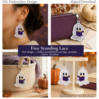 Reading ghost FSL accessory ideas showing a worn earring, a purple pouch zipper charm, a basket charm and earrings on a stand.