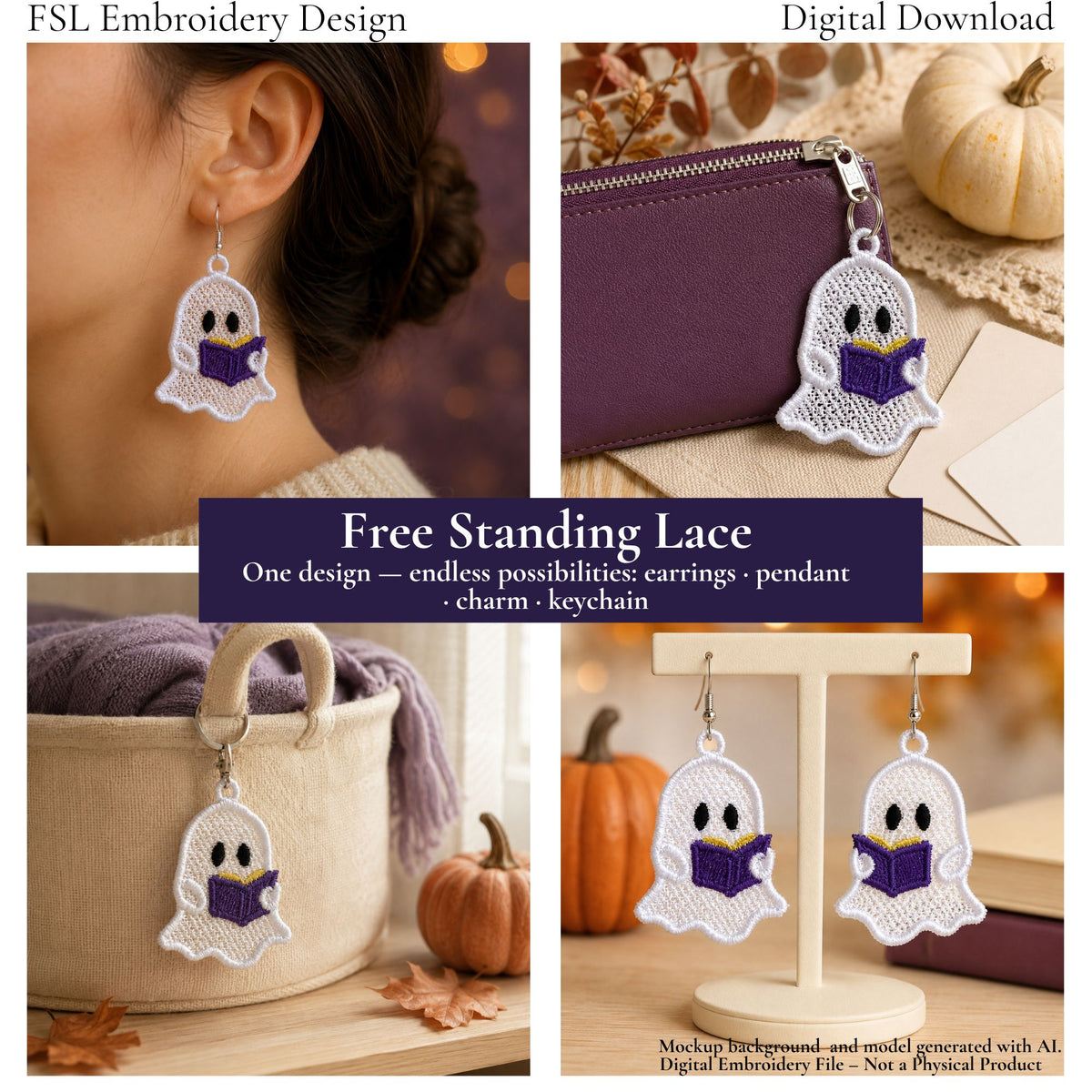 Reading ghost FSL accessory ideas showing a worn earring, a purple pouch zipper charm, a basket charm and earrings on a stand.