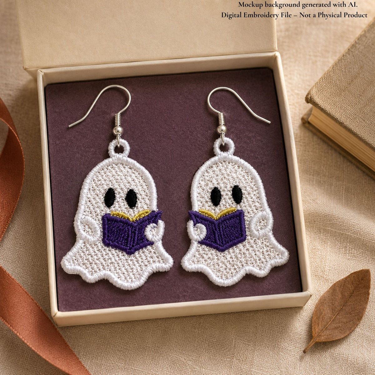 Reading ghost lace earrings with purple books and silver hooks in a cream gift box with a plum insert, styled beside a book.