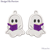 Digital embroidery preview of two mirrored white ghosts holding open purple books with yellow pages and hanging loops at the top.