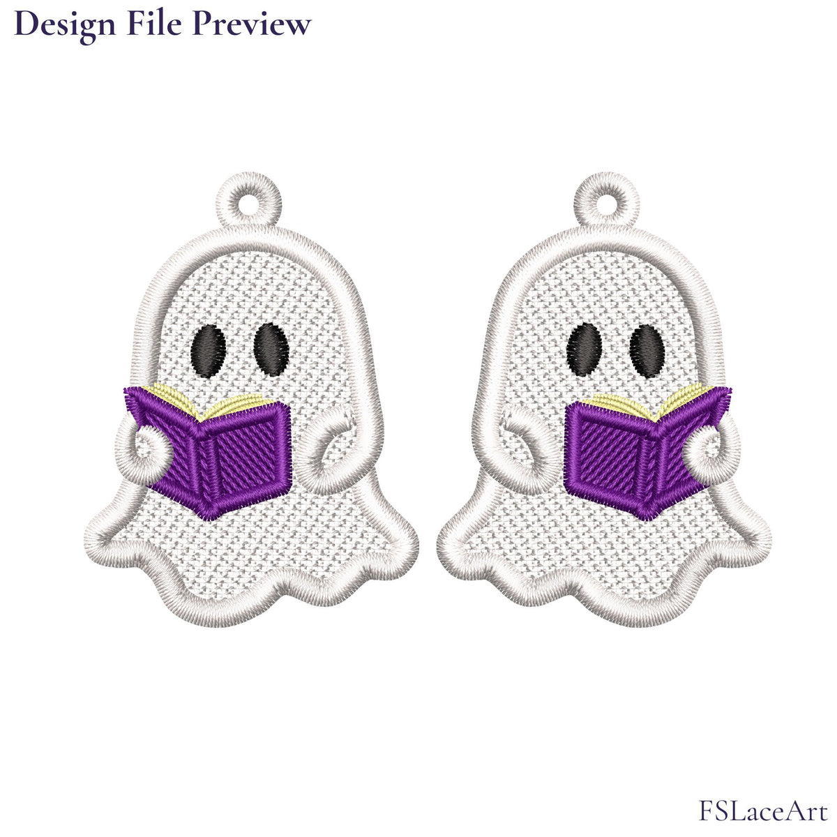 Digital embroidery preview of two mirrored white ghosts holding open purple books with yellow pages and hanging loops at the top.