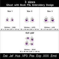 Reading ghost FSL embroidery size chart showing three sizes, stitch counts, a 4x4 hoop layout and eight embroidery file formats.