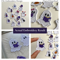 Actual stitch-out photos of the reading ghost FSL design, including a handheld view, embroidery in the hoop and finished lace details.
