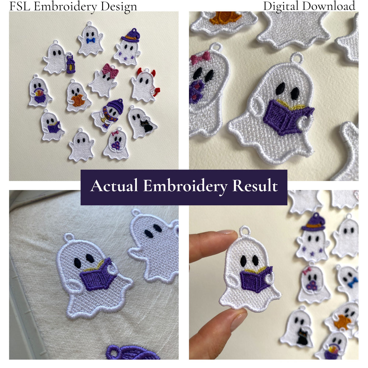 Actual stitch-out photos of the reading ghost FSL design, including a handheld view, embroidery in the hoop and finished lace details.
