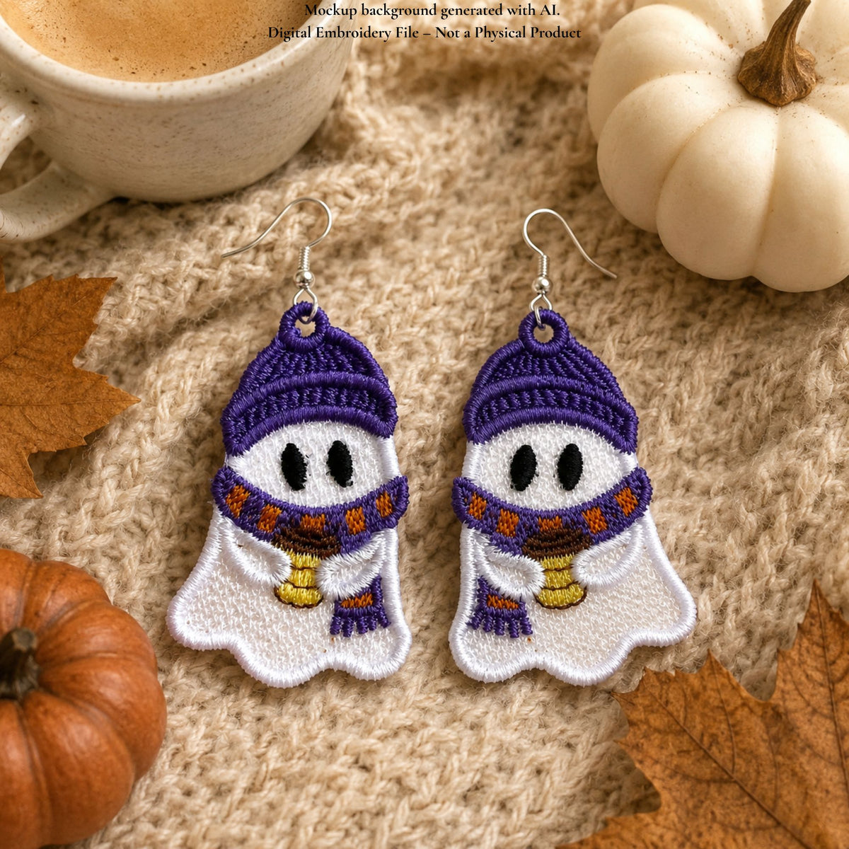 Coffee ghost lace earrings styled on a cream knitted background beside a coffee cup, white pumpkin and autumn leaves.