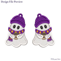 Digital embroidery preview of two mirrored ghosts holding coffee cups, wearing purple hats and striped scarves.