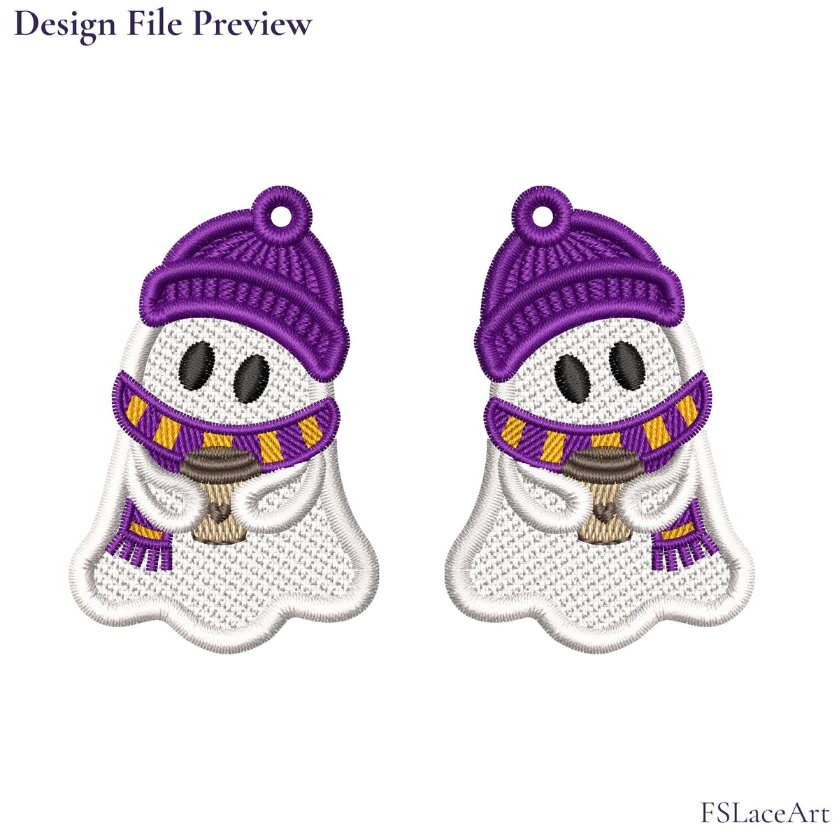 Digital embroidery preview of two mirrored ghosts holding coffee cups, wearing purple hats and striped scarves.
