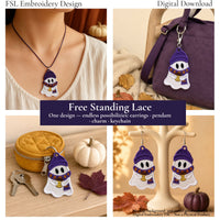 Styling ideas for the coffee ghost FSL design as a pendant, bag charm, keychain and pair of earrings.