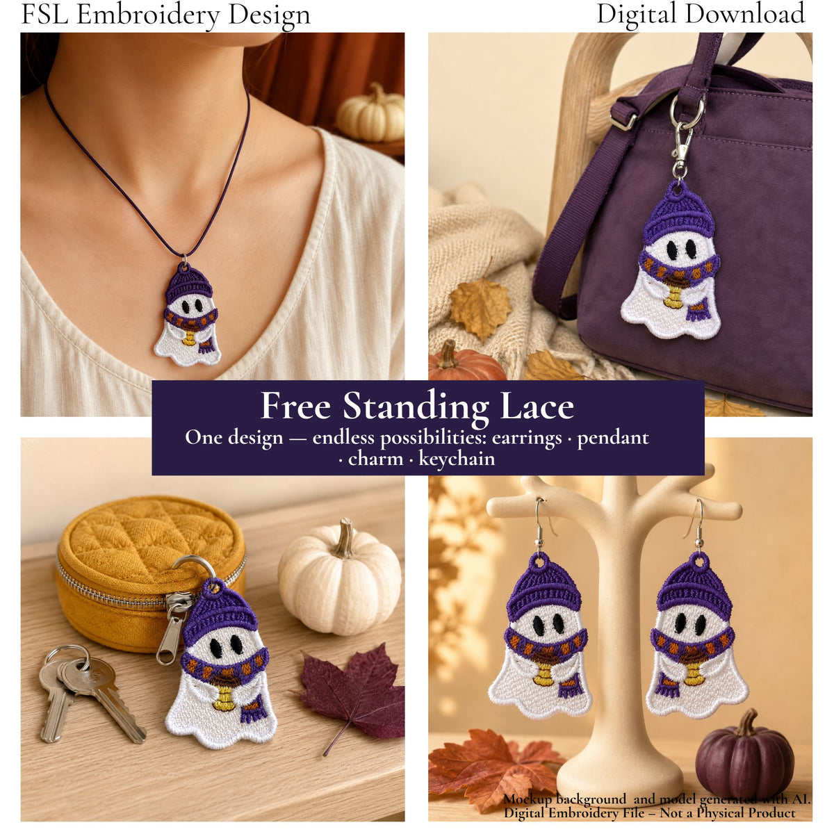 Styling ideas for the coffee ghost FSL design as a pendant, bag charm, keychain and pair of earrings.