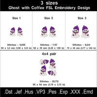 Coffee ghost FSL embroidery size chart showing three sizes, stitch counts, a 4x4 hoop layout and eight file formats.