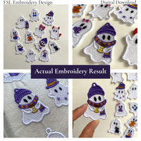 Actual stitch-out photos of the coffee ghost FSL design, showing lace texture and details alongside other Halloween ghosts.