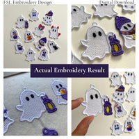 Collage of actual Ghost with Lantern FSL embroidery results and other Halloween ghost designs