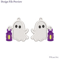 Machine embroidery file preview showing mirrored white ghosts holding purple and yellow lanterns