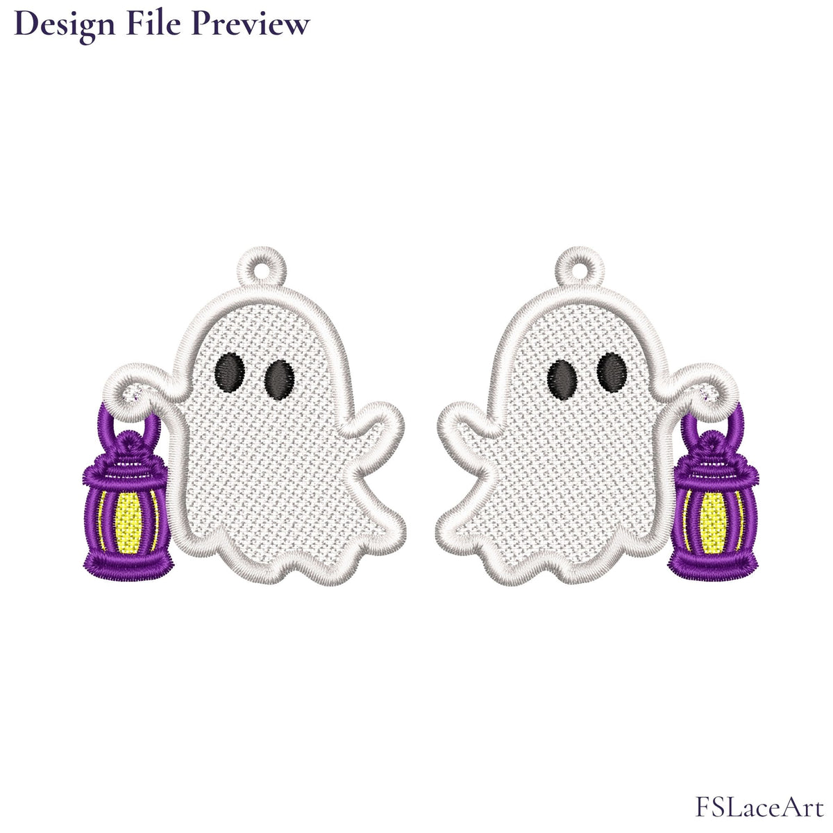Machine embroidery file preview showing mirrored white ghosts holding purple and yellow lanterns