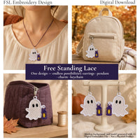 Ghost with Lantern FSL design shown as a pendant, backpack charm, zipper charm and earrings