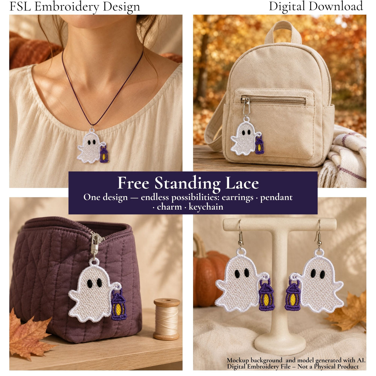 Ghost with Lantern FSL design shown as a pendant, backpack charm, zipper charm and earrings
