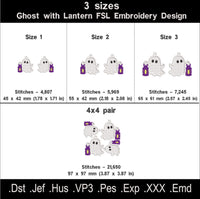 Ghost with Lantern FSL size chart with three sizes, stitch counts, mirrored files and a 4 by 4 hoop layout