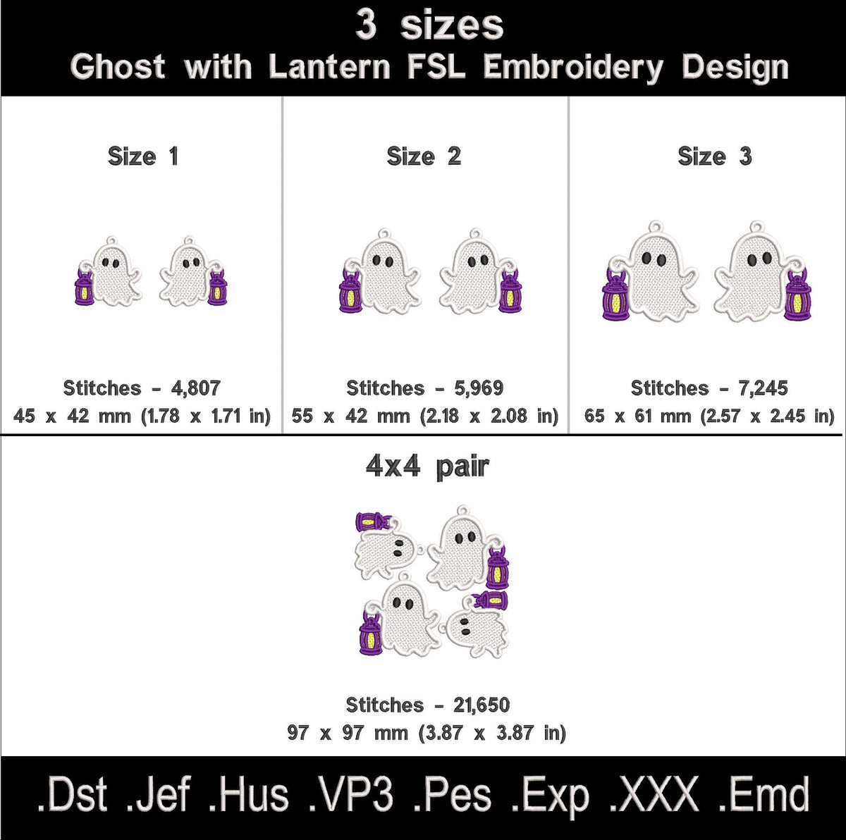 Ghost with Lantern FSL size chart with three sizes, stitch counts, mirrored files and a 4 by 4 hoop layout