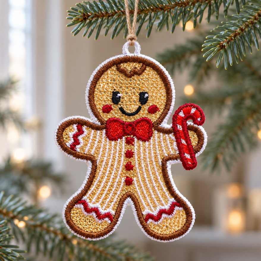 Smiling lace gingerbread boy holding a candy cane, hanging by twine on a Christmas tree with warm lights.