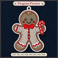 Digital embroidery preview of a gingerbread boy with a red bow tie, buttons, white icing stripes, candy cane and hanging loop.