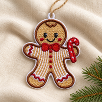 Lace gingerbread boy with a red bow tie, white icing stripes and a candy cane, resting on cream linen beside a fir sprig.