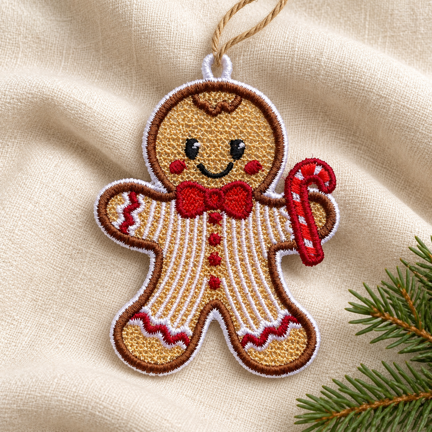 Lace gingerbread boy with a red bow tie, white icing stripes and a candy cane, resting on cream linen beside a fir sprig.