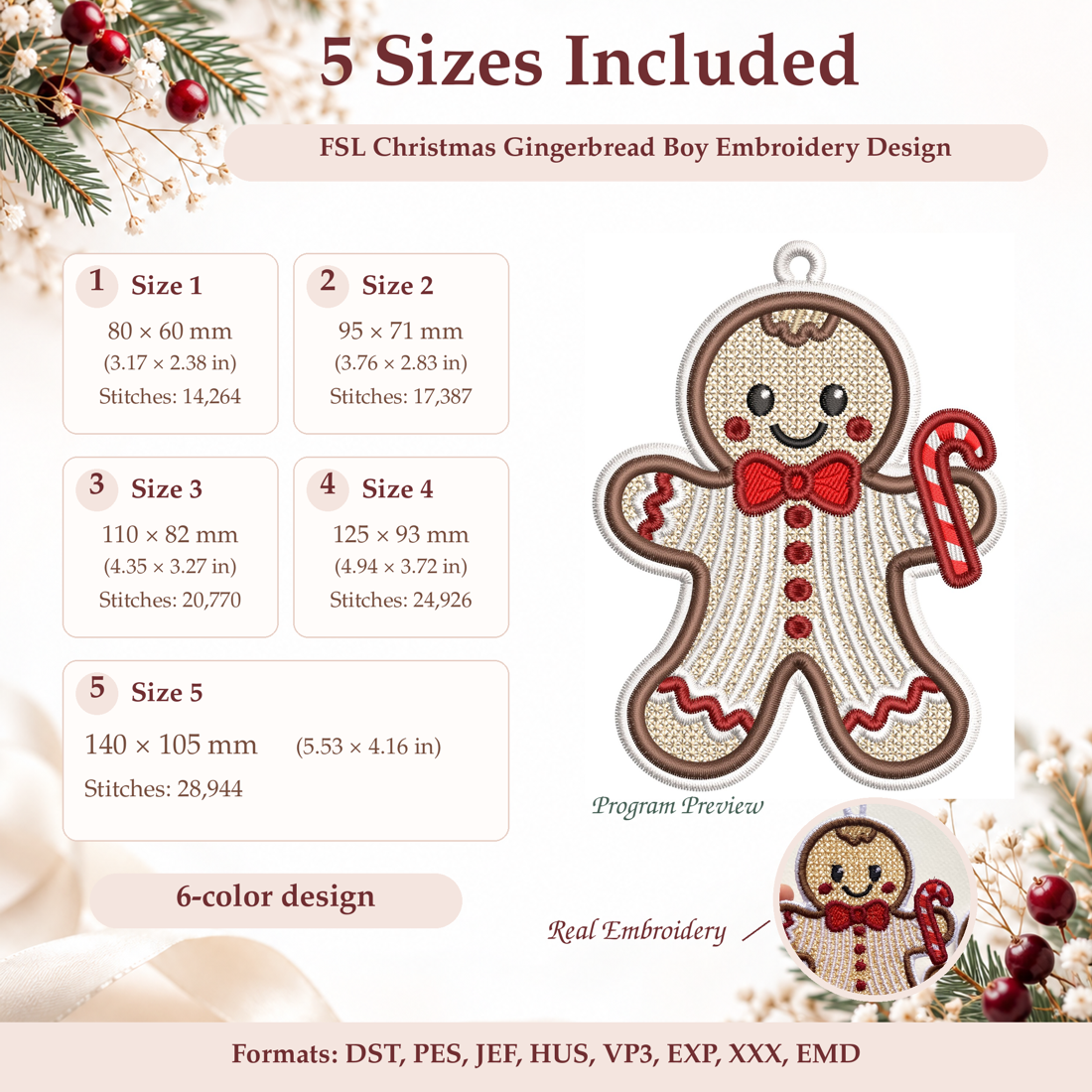 Gingerbread boy FSL size guide showing five sizes, stitch counts, six thread colors and eight embroidery file formats.