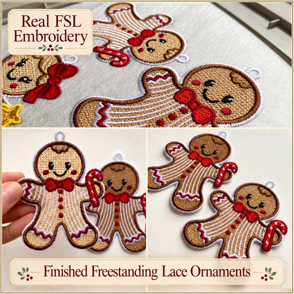 Real embroidery collage showing gingerbread boys on stabilizer, a handheld finished ornament and close-up lace details.