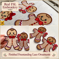Real embroidery collage showing gingerbread boys on stabilizer, a handheld finished ornament and close-up lace details.
